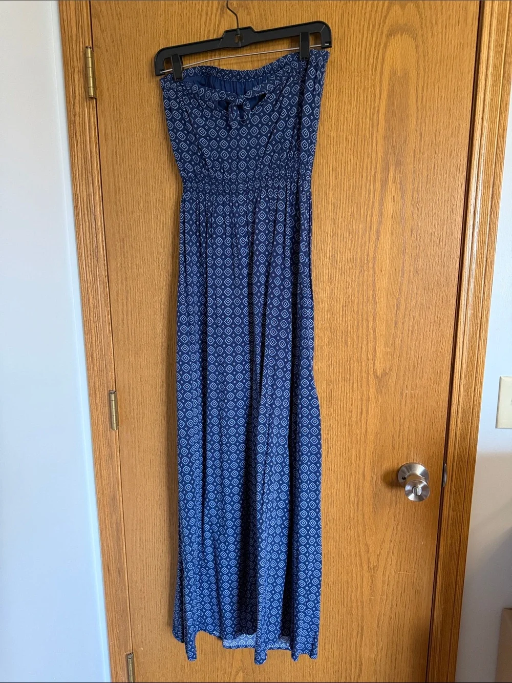 Abercrombie & Fitch Navy Blue Patterned Strapless Maxi Dress